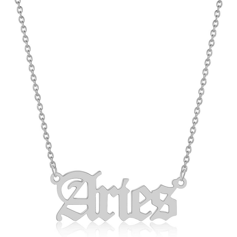 Stainless Steel Gold Plated 12 Zodiac, Horoscope, Old English, Nameplate Pendant Mens Womens Necklace, Giorgio Bergamo Silver, Aries