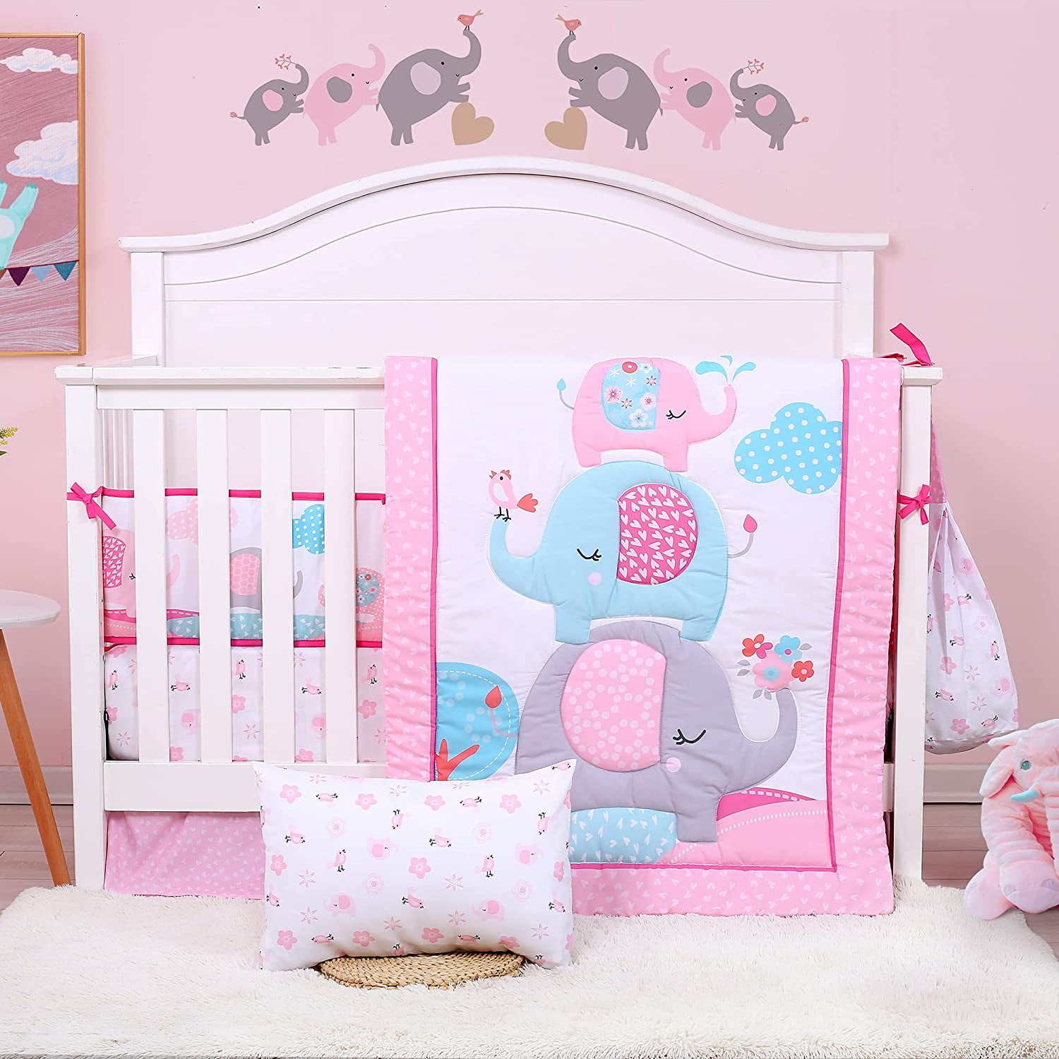 JISEN 3 Piece Microfiber Crib Bedding Set Printed Nursery Set for Baby Boys or Girls Pink Elephant