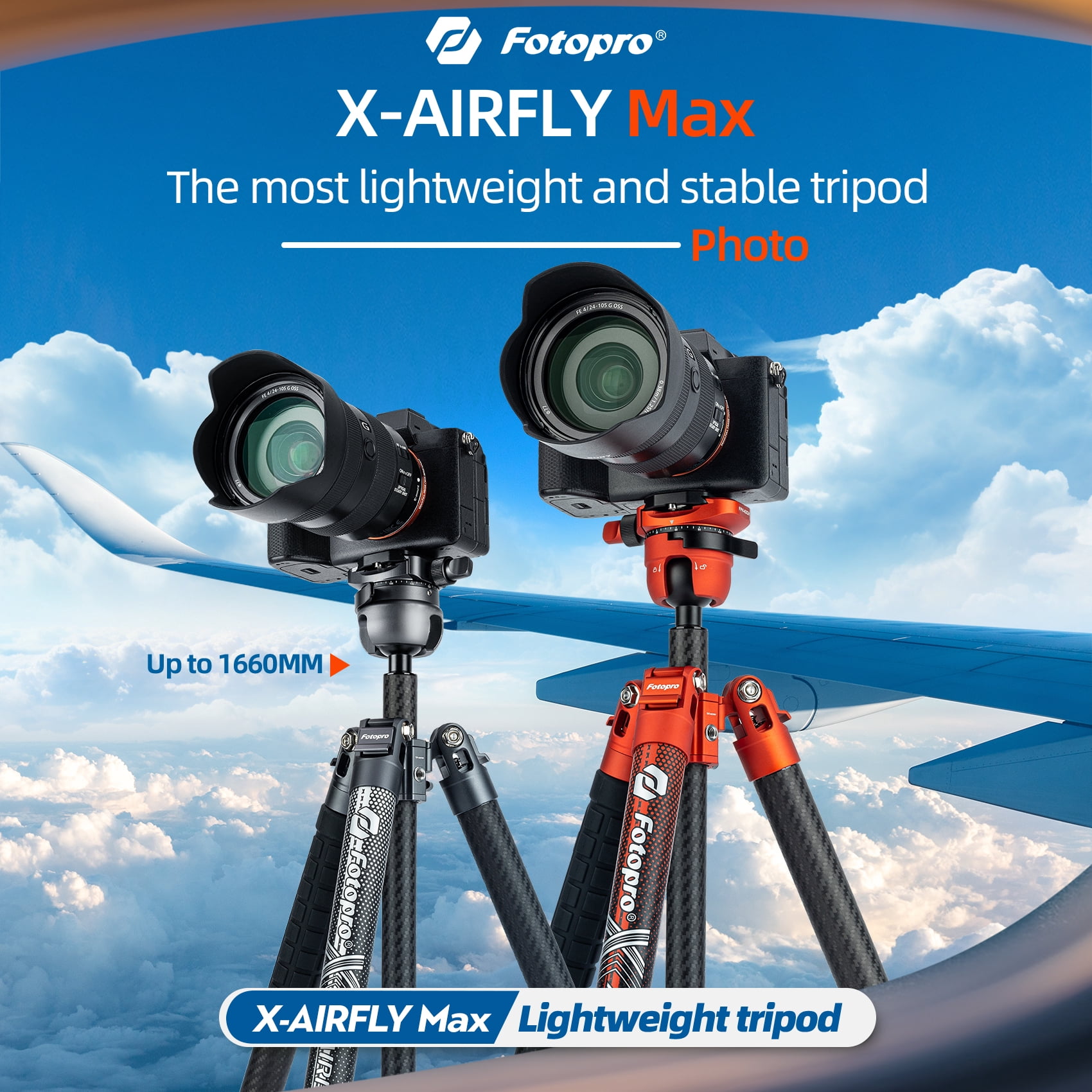 Fotopro X-Airfly Max 65.4" Carbon Fiber Ball Head Tripod, Detachable Monopod, Lightweight Compact Camera Tripod Stand for Travel, Low Angel Shooting, Hidden Phone Clip, Max Load 22 lbs, Grey