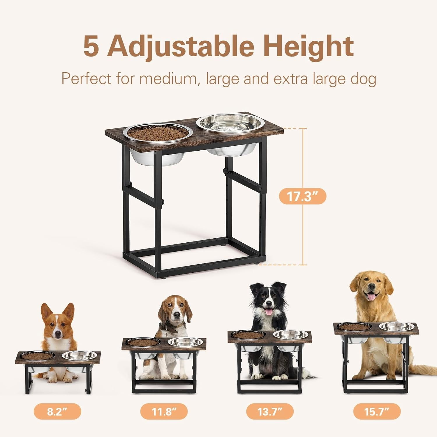 Elevated Dog Bowls for X-Large and Large Breed, 5 Adjustable Heights from 8.2'' - 17.3'', 2 Stainless Steel Bowls, 8.2'',11.8'',13.7'',15.7'',17.3'' Raised Dogs Food Bowl Stand