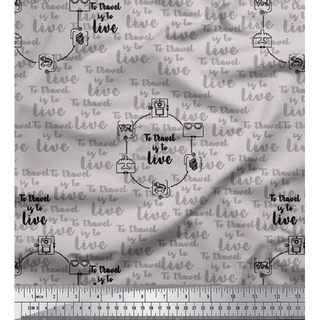 Soimoi Grey Moss Georgette Fabric To Travel Is To Live Text Printed Craft Fabric by the Yard 42 Inch Wide