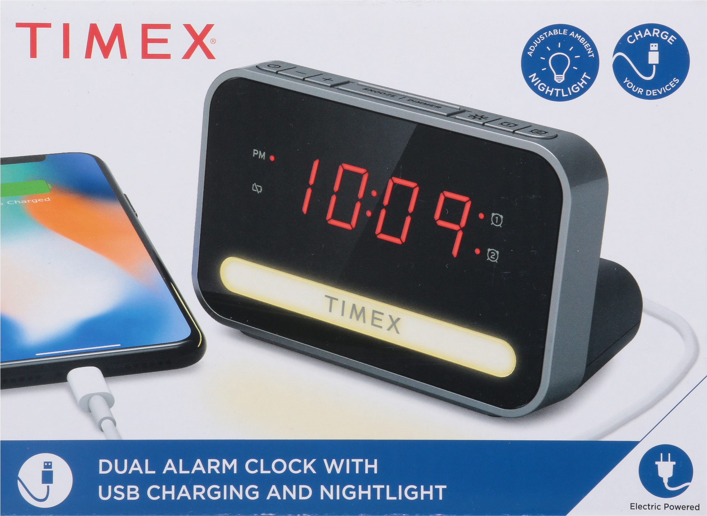 Timex Dual Alarm Clock with USB Charging and Nightlight
