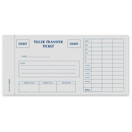 Teller Transfer Ticket Debit/Credit Pack of 100 2 Copies Each Form