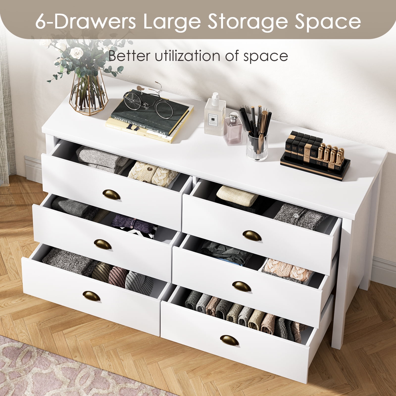 Nathaniel Home 6 Drawer Double Dresser with Legs, Modern Chest of Drawers, Large Capacity Storage Cabinet for Bedroom, Rustic Dresser for Hallway White