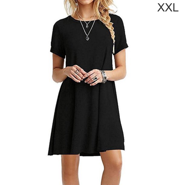 Vestido Mujer Verano Camiseta larga Vestido de manga corta de color sólido, Negro, XXL kenally AP001906-15