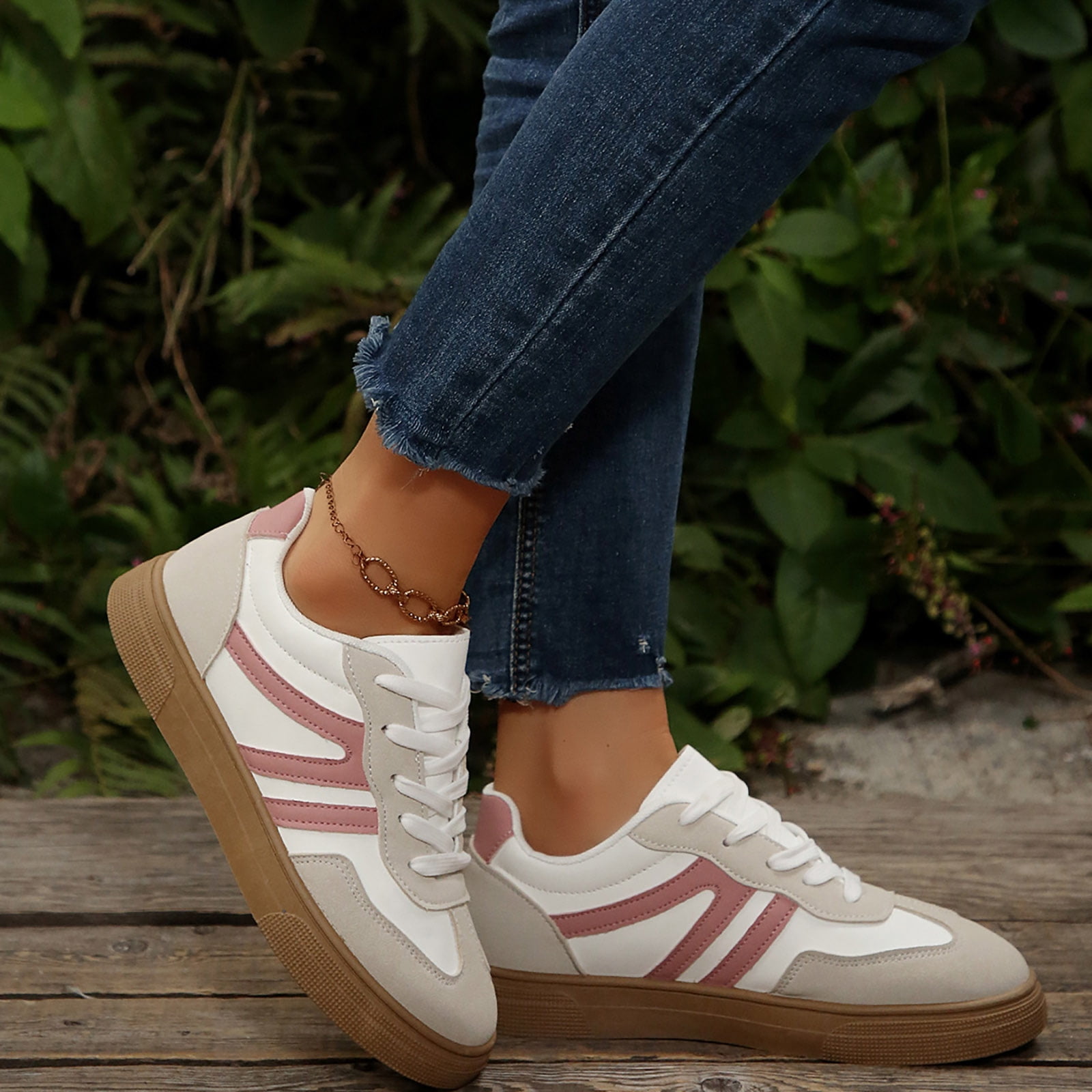 Flat Shoes for Women Vintage Classic Thick Sole Trainers Skate Shoes Splice Suede Lace up Antislip Walking Tennis Shoes Low Top Sneakers Beige Size 6.5