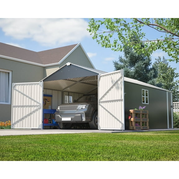 LZBEITEM 20x12 FT Outdoor Metal Garage Shed Extra Large Storage Shed 1810 CUFT Triple Door Storage Building Ultra-Reinforced Truss System with Windowsfor Car, Boat, Truck, Equipment Storage