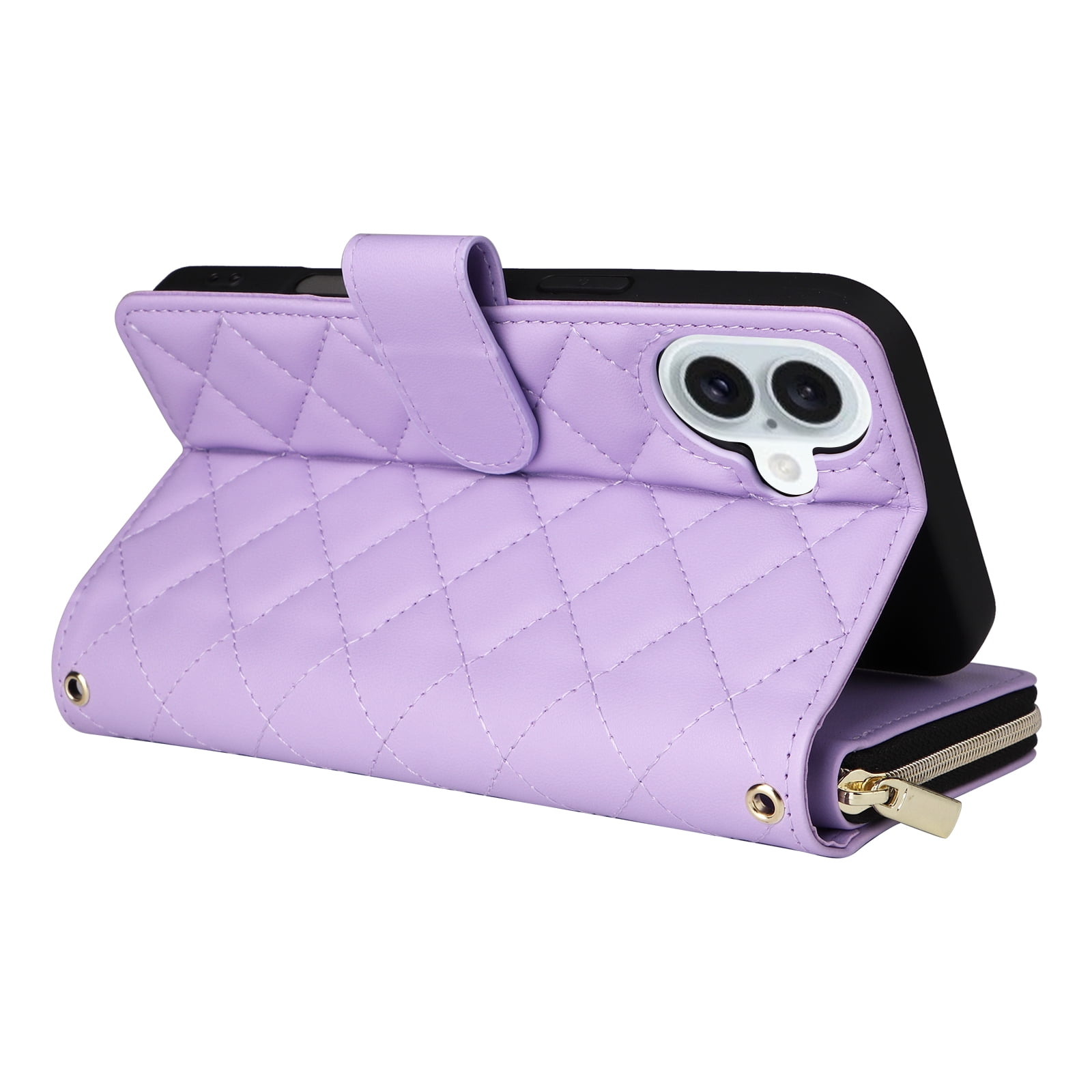 Allytechgroup Case for iPhone 16 with Credit Card Slot, Built-in Shoulder Strap Lanyard PU Leather Wallet Flip Stand Case Full Body Shockproof Protective for iPhone 16, Purple