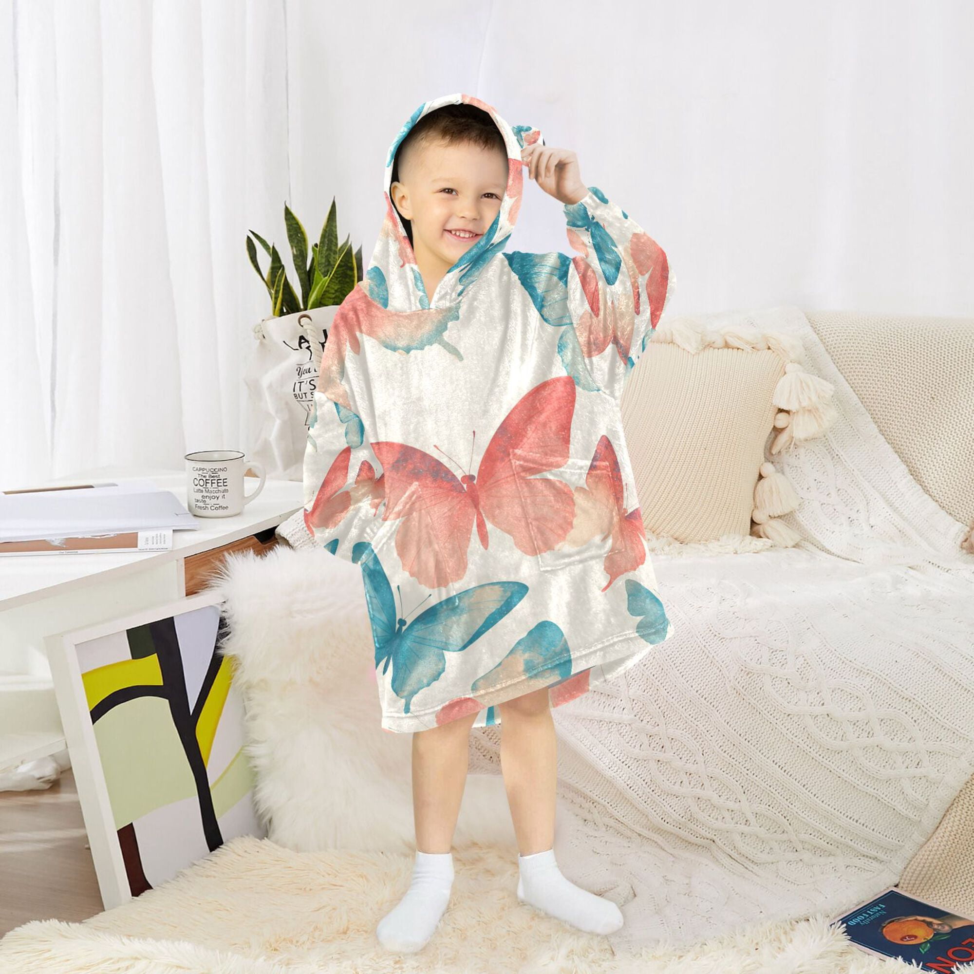 FORMRS Wearable Blanket Hoodie with Sleeves for Kids Cozy Flannel Sweatshirt, Watercolor Butterflies