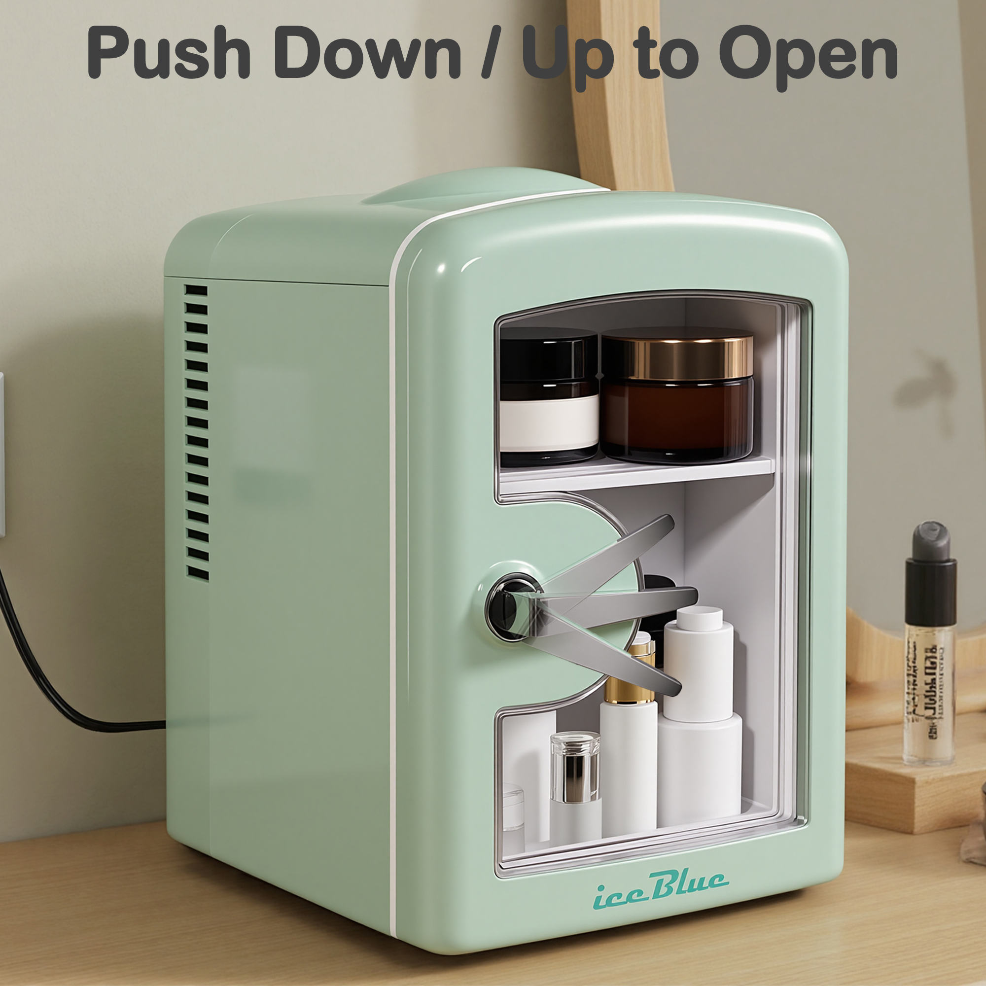 iceBlue 4L Makeup Refrigerator,  Mini Fridge for Cosmetics and Drinks, Car/Home Use (Green), Transparent Window and Chrome Handle