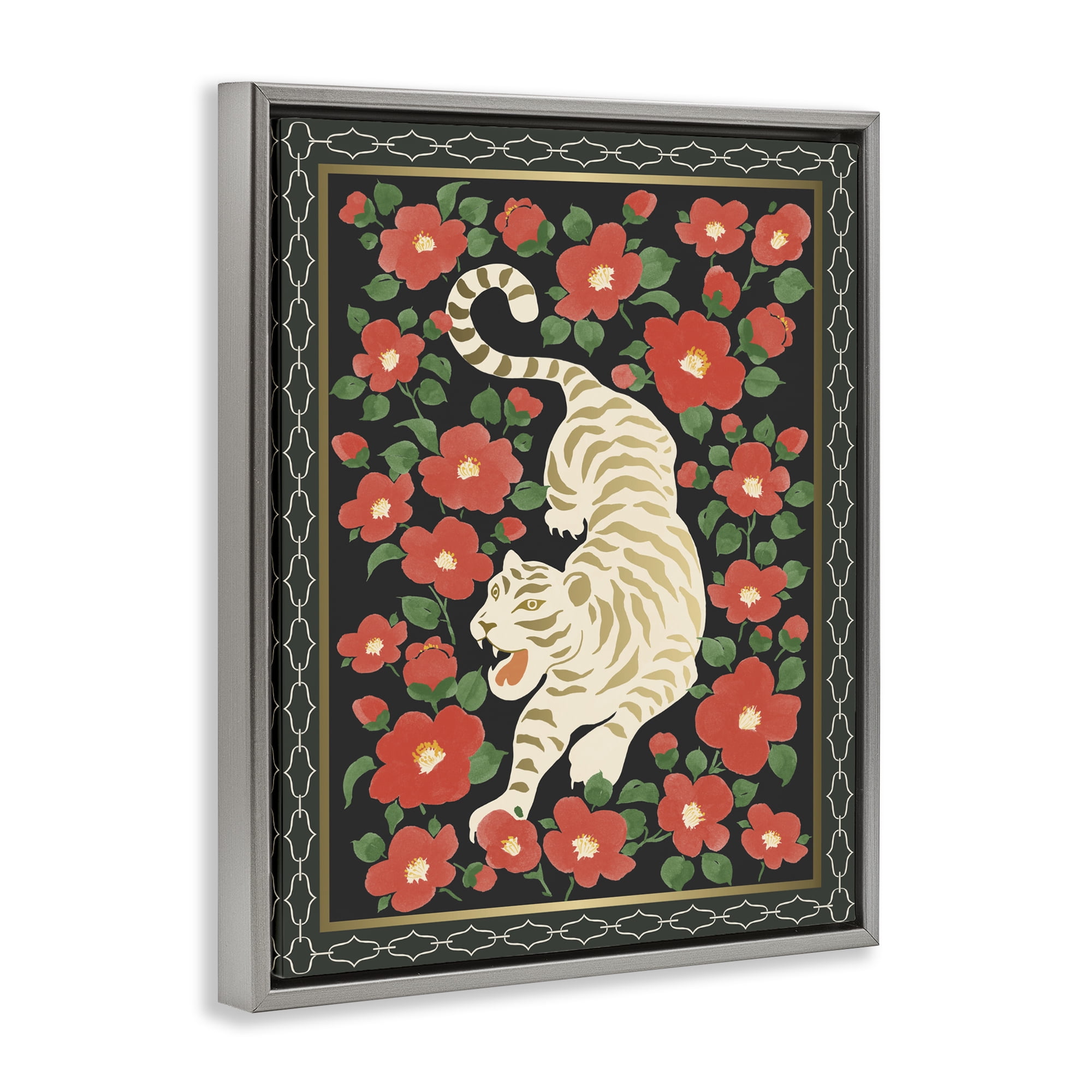 Stupell Industries Ivory Tiger Among Camelias Gray Framed Floater Canvas Wall Art, design by Karolina Sato