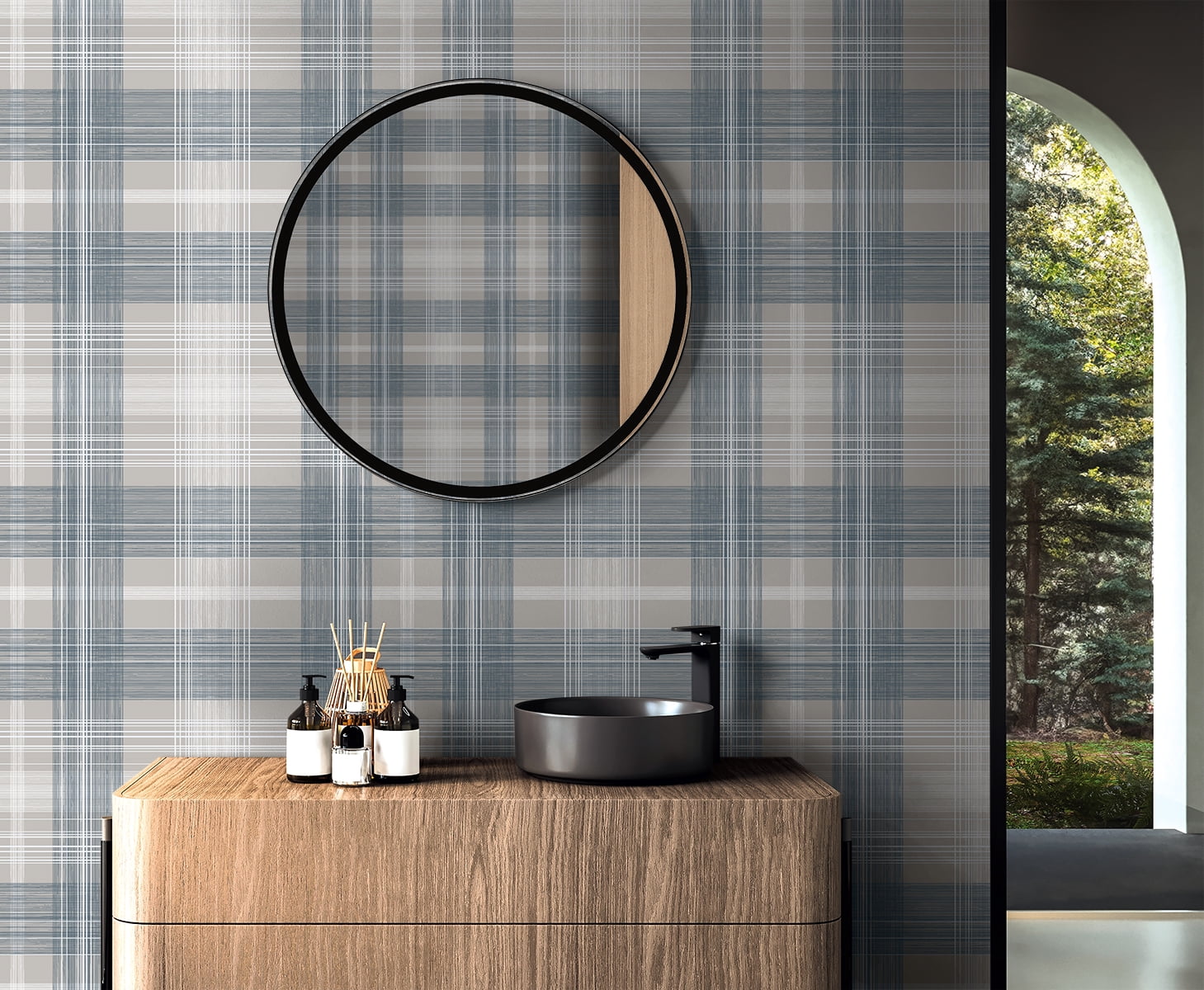 Stacy Garcia Home Argos Grey & Blue Crossroads Plaid Peel and Stick Wallpaper - 20.5 in. W x 10 ft. L Roll