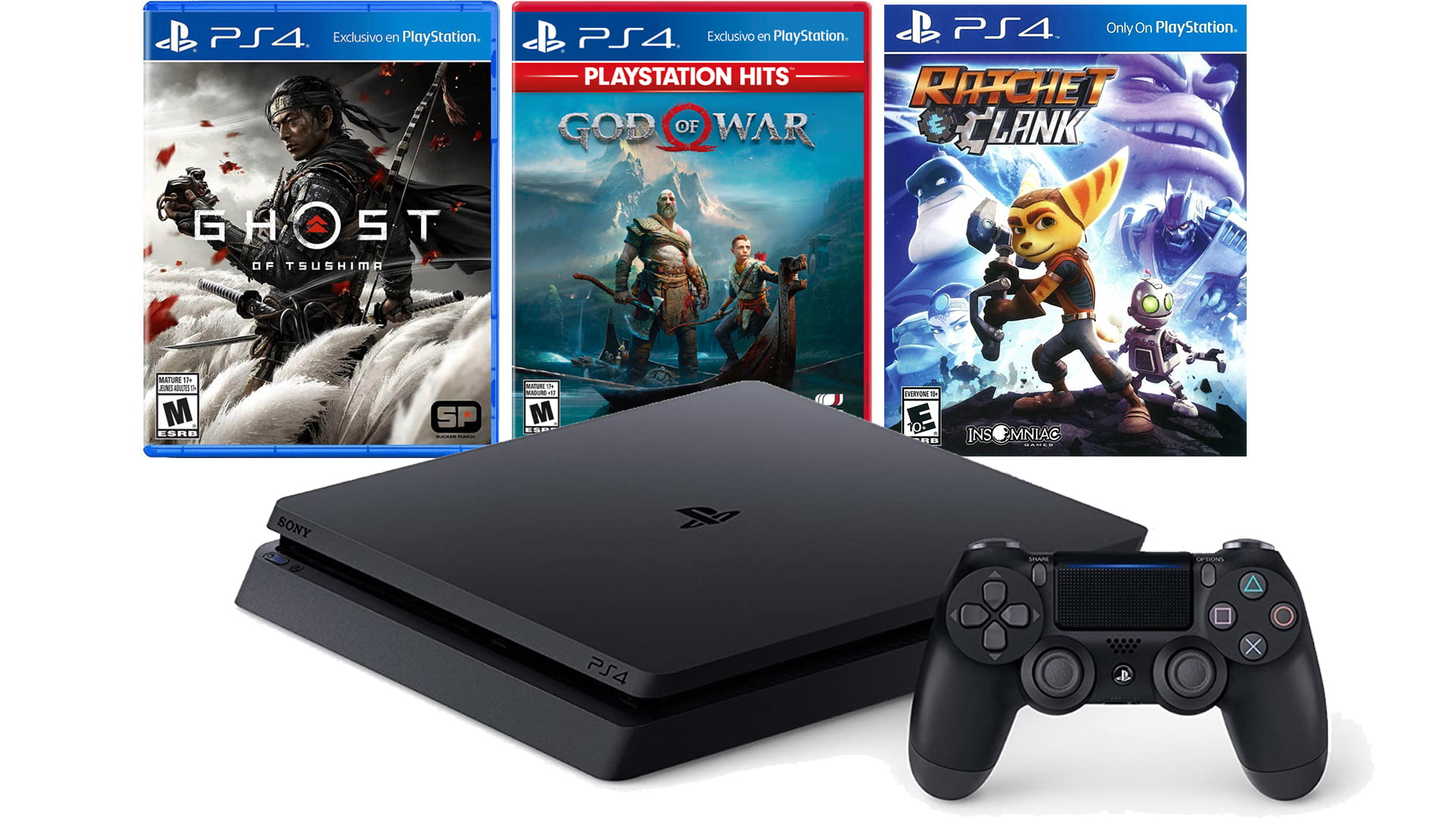 Sony PlayStation 4 Slim PS4 1TB Console MEGAPACK Bundle 3 GAMES included Ghost of Tsushima, God of War 4, Ratchet and Clank, Black