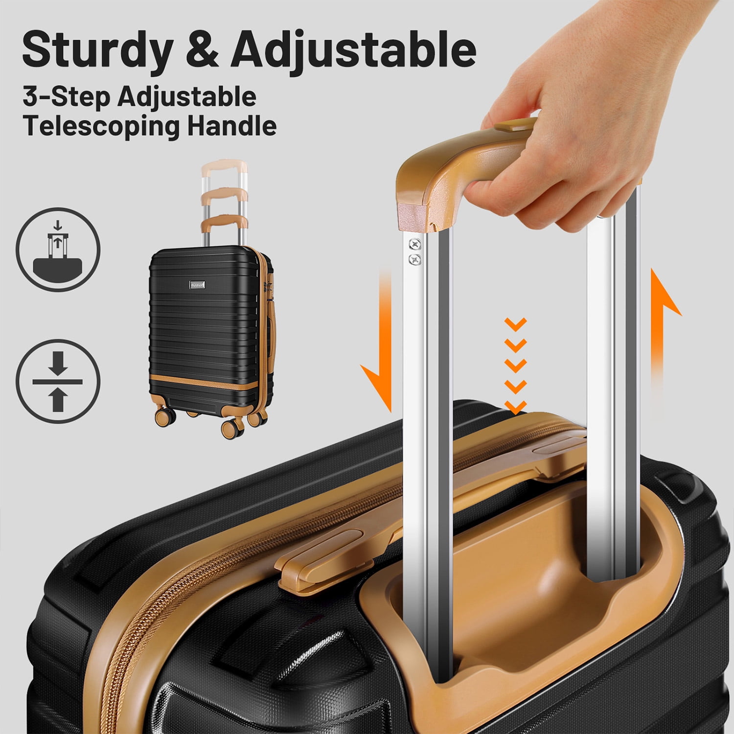 3 Piece Luggage Sets ,ABS Hardshell Lightweight Suitcase with TSA Lock Double Spinner Wheels,Black