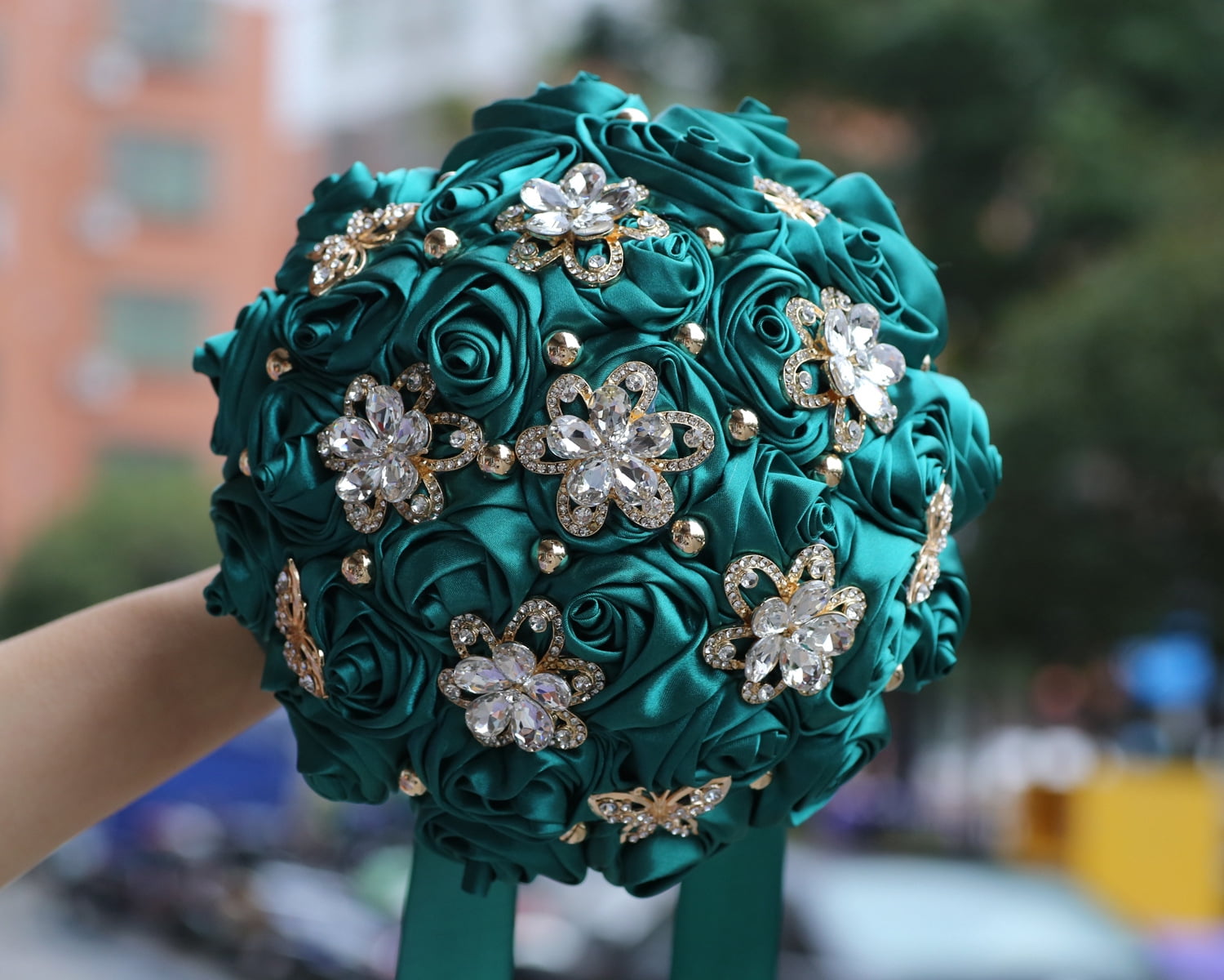 Nvzi-a Bridal Holding Wedding Bouquet Bridesmaid Satin Rose Artificial Pearls Satin Ribbons Wedding Floral Bouquet,Red