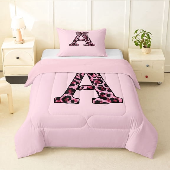Erosebridal Black Pink Leopard Print Bow Knot Girl Twin Comforter Sets 3-Piece,Personalized Initial A Bedding Set For Teens,Pink Reversible