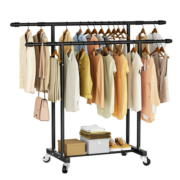 Flngr Heavy Duty Clothes Rack, Standing Rolling Clothing Rack for Hanging Clothes with Sturdy Wheels & Shelves, Portable Closet Wardrobe Rack