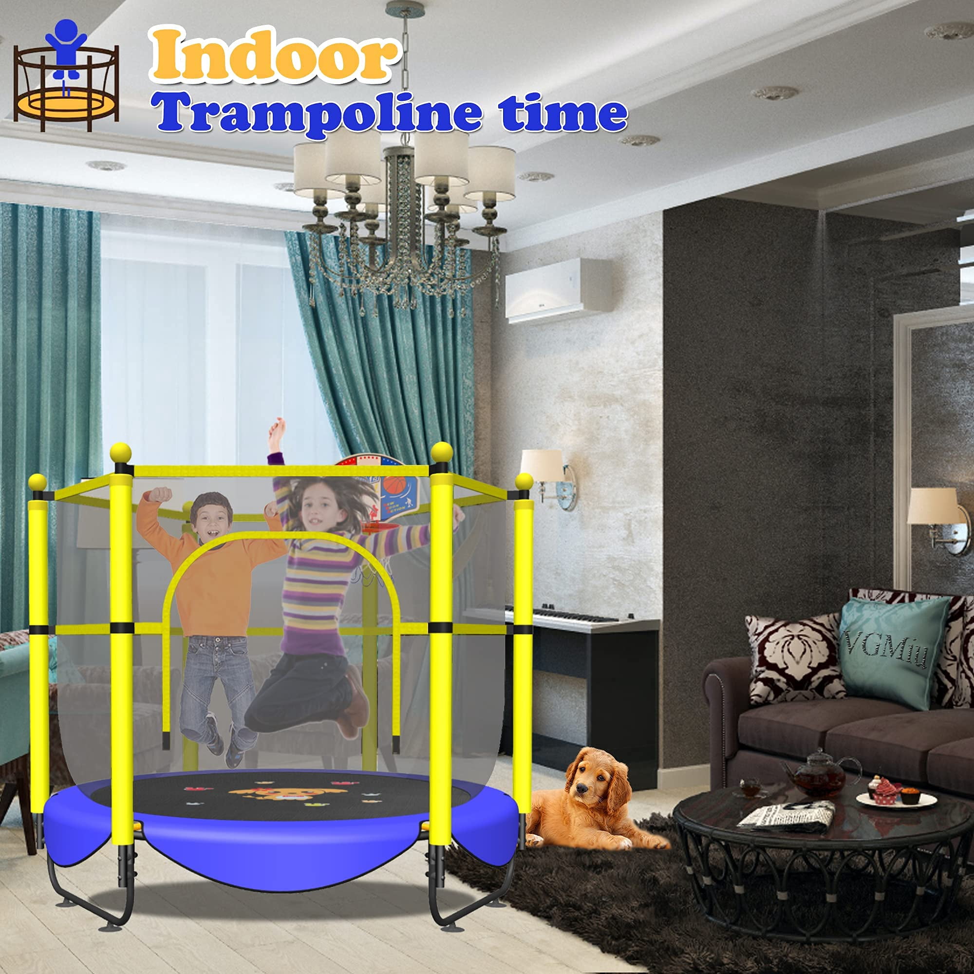 60" Trampoline for Kids, 5 FT Indoor & Outdoor Toddler Baby Trampoline with Basketball Hoop, Safety Enclosure, Birthday Gifts for Kids, Gifts for Boy and Girl, Age 3-8