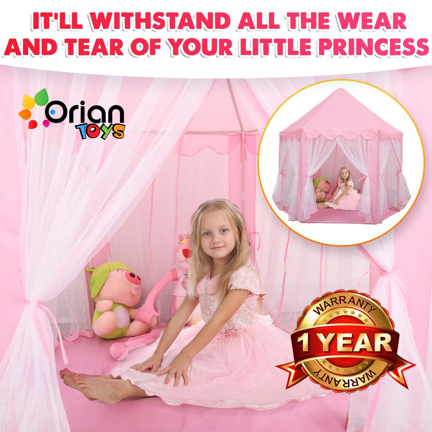 Princess Castle Playhouse Tent for Girls with LED Star Lights – Indoor & Outdoor Large Kids Play Tent for Imaginative Games – Princess Tent, 230 Polyester Taffeta. Pink 55"x53".