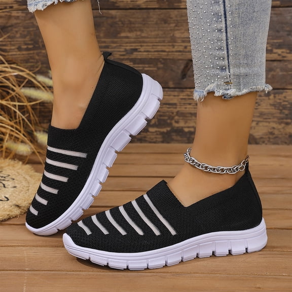 HTHLVMD Women's Striped Knit Sneakers, Slip-On Comfort Shoes, Womens Slip On Walking Shoes Comfort Lightweight Breathable Non-Slip Mesh Casual Tennis Shoes Sneakers for Gym Travel Work, Black 5.5