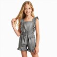 thumbnail image 2 of Tween Girls Striped Romper Overall With Ruffle Trim Fashion Crewneck Playsuit For Summer With Pockets Jumpsuits Cute One-Pieces 2T 3T 4T 5T 6T 7T 8T 9T 10T Girls Outfits,Black,11-12 Years, 2 of 5