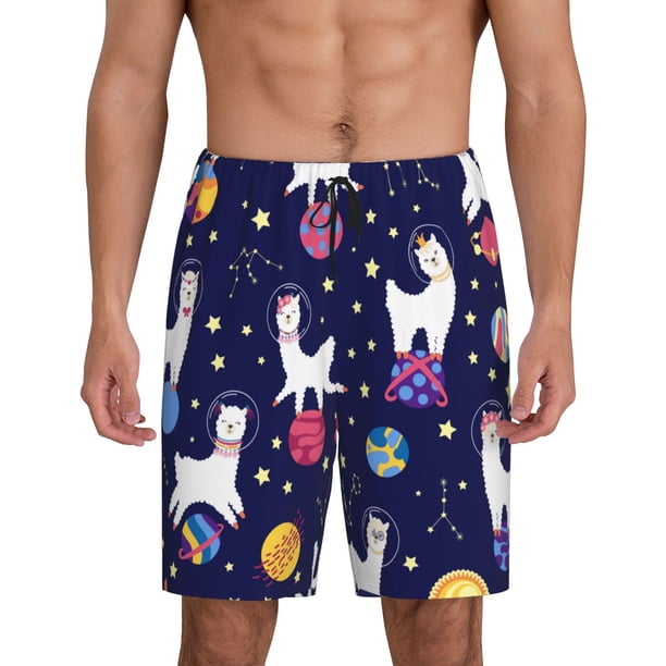Balery Lama in Space Pantalones cortos de pijama de punto de algodón para hombre con cinturilla y bolsillos-4X-Large