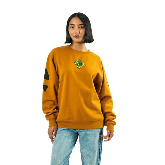 Scooby Doo Dog Tag & Spots Women's Brown Crew Neck Long Sleeve Oversized Fleece Sweatshirt-Medium