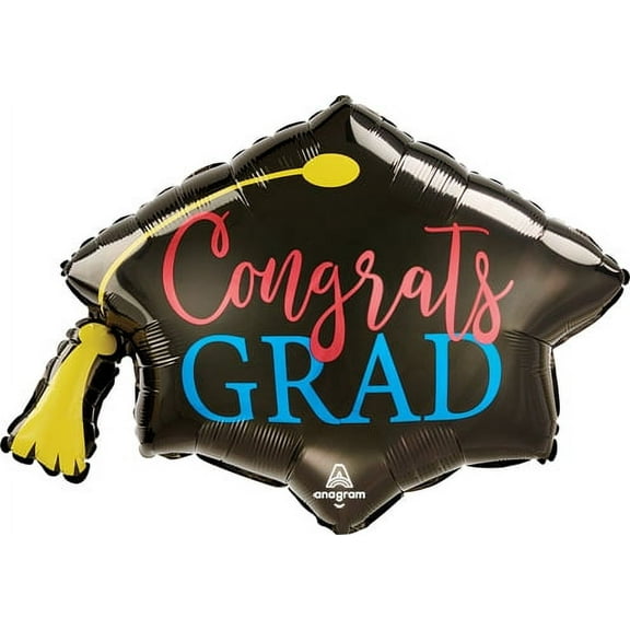 Anagram Congrats Grad Cap 31'' Graduation Super Shape Foil Balloon, Black Red Blue