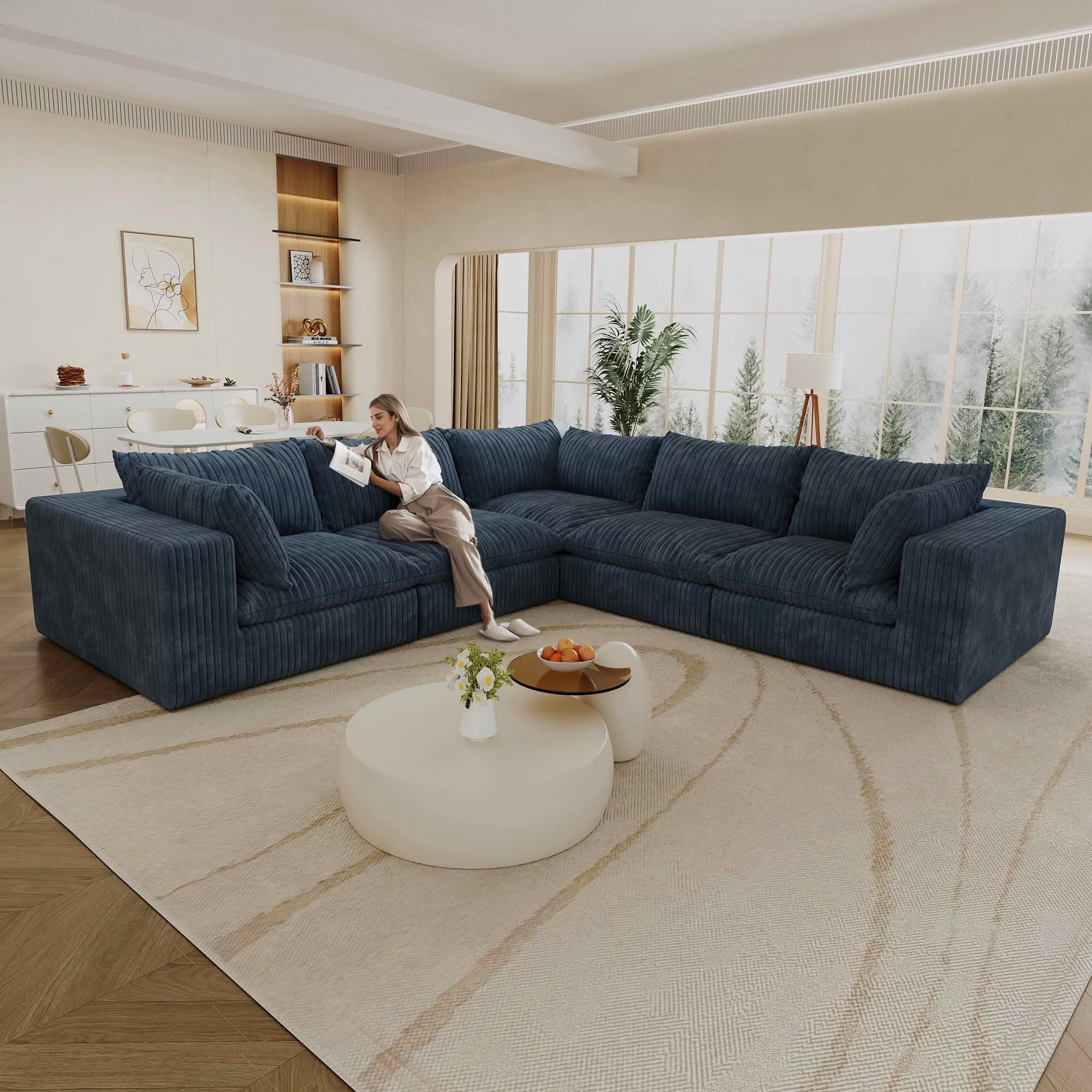 MAYEERTY 118.2" Cloud Corduroy Sofa, Deep Seat Double-Layer Design, Removable Cushion No Assembly, DIY Combination, Blue