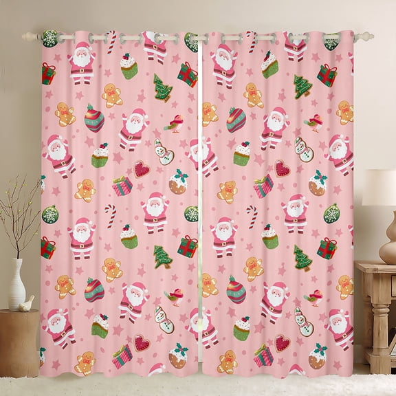 Homewish Cartoon Santa Claus Black Out Curtains for Teen, Kawaii Xmas Tree Stars Curtains Pack of 2 (42x63 Each), Cute Gingerbread Man Bedroom Curtains, Living Room Curtains Decor