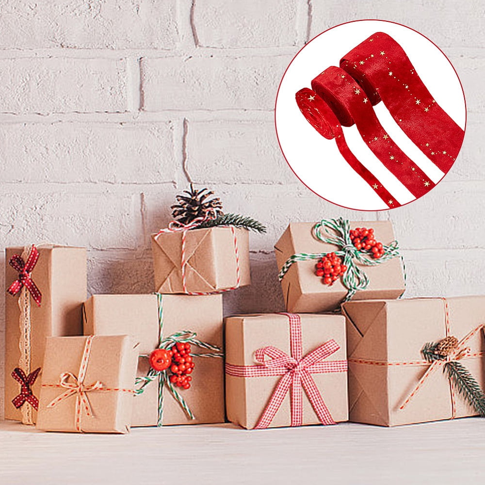 1 Set 6M 3 Styles Double Sided Star Gold Stamping Flannelette Ribbons for Sewing Craft Red 3/8~2 inch(10~50mm) 2m/style
