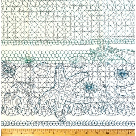 1/2 Yard - Starfish & Sea Shells Nautical Single Border Red Green & Blue on White Cotton Fabric (Great for Quilting, Sewing, Craft Projects, Throw Pillows & More) 1/2 Yard X 44" Wide