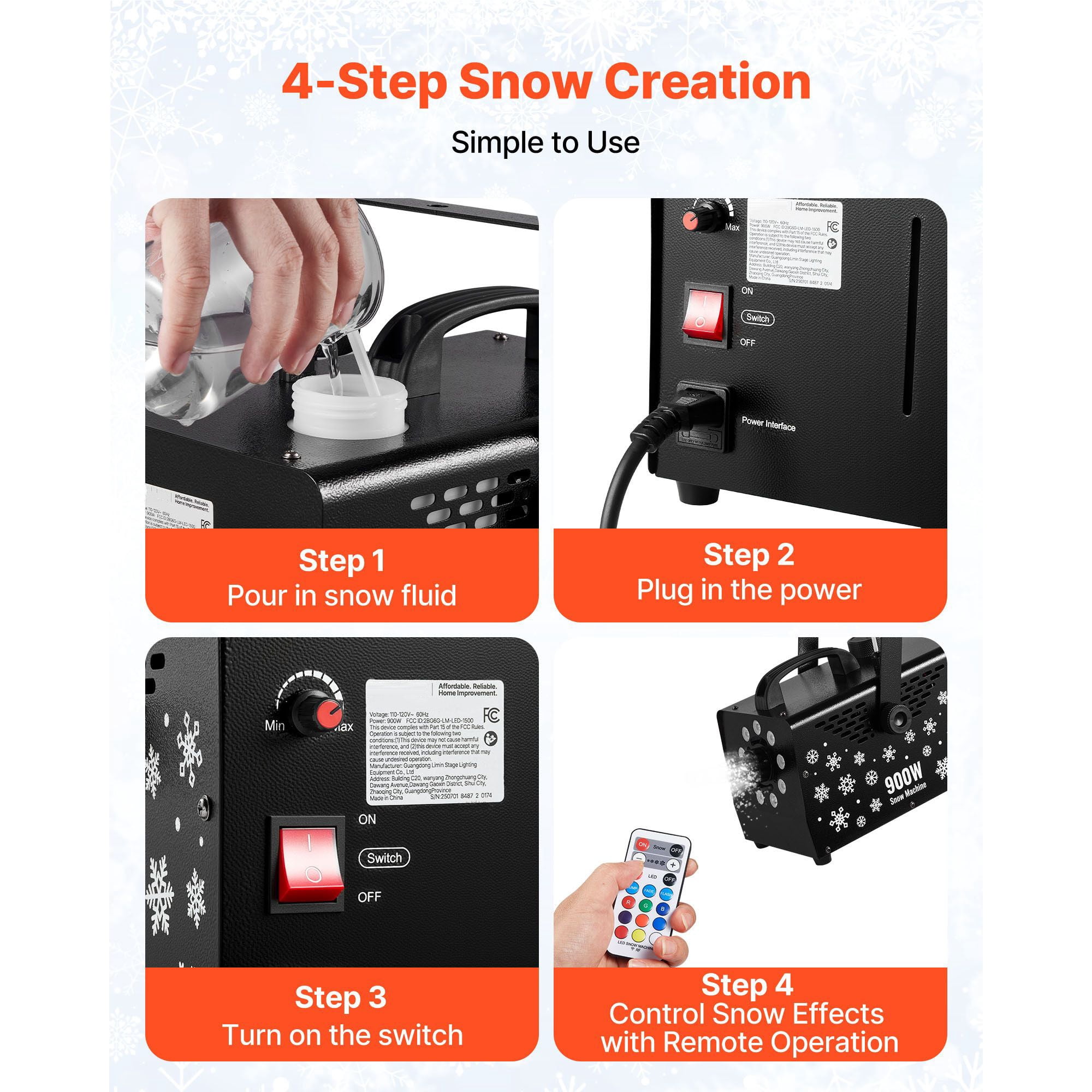 900W Snow Machine with 9 LED RGB Lights, 12 LED Lighting Colors, and Wireless Remote, Handheld Hanging Outdoor Snowflake Machine Fake Snow Machines with 1L Tank for Christmas Party