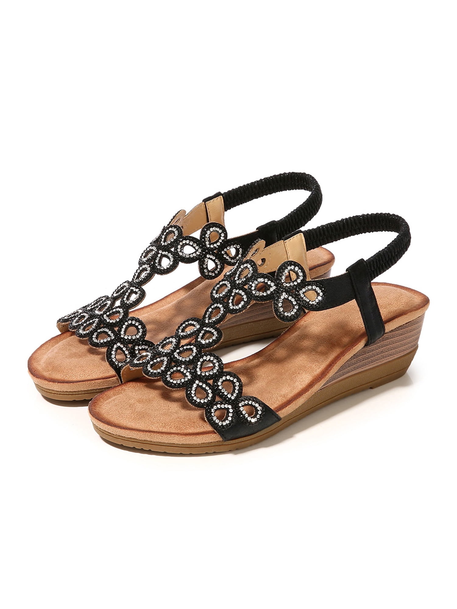 Womens Sandals Summer Diamante Wedge 