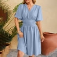 thumbnail image 2 of HJYCHN Elegant Women's Casual V-Neck Flared Sleeves Solid Color Dress with Waist for Everyday Style Blue S, 2 of 8