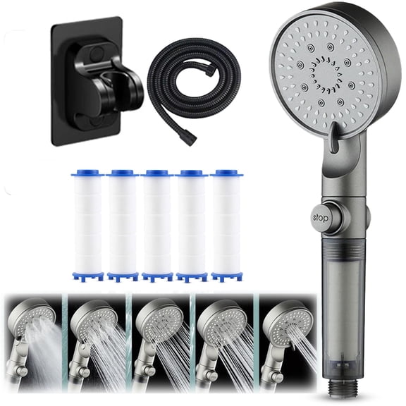 High Pressure 5-Mode Filtered Shower Head - Handheld with Hose & Bracket, Pause Function, Cotton Filter for Hard Water Bathroom