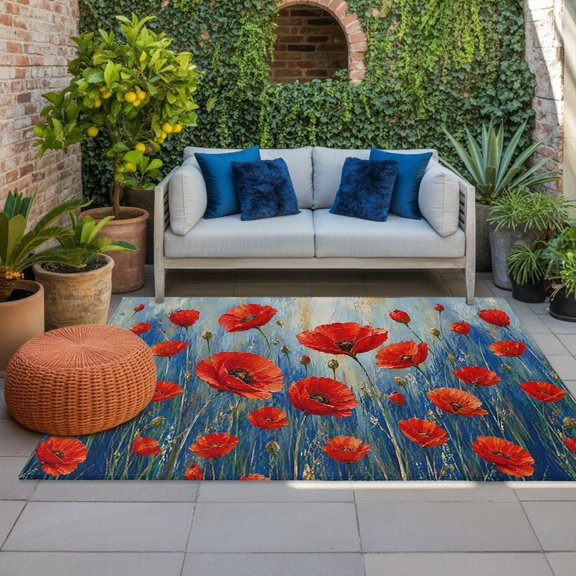 Outdoor Rug, Red Poppy Flower Watercolor Indoor Area Rug Outdoor Carpet RV Camping Rugs 4x6ft Dark Blue Gradient Outside Mat for Patio Picnic Porch Deck Balcony Backyard