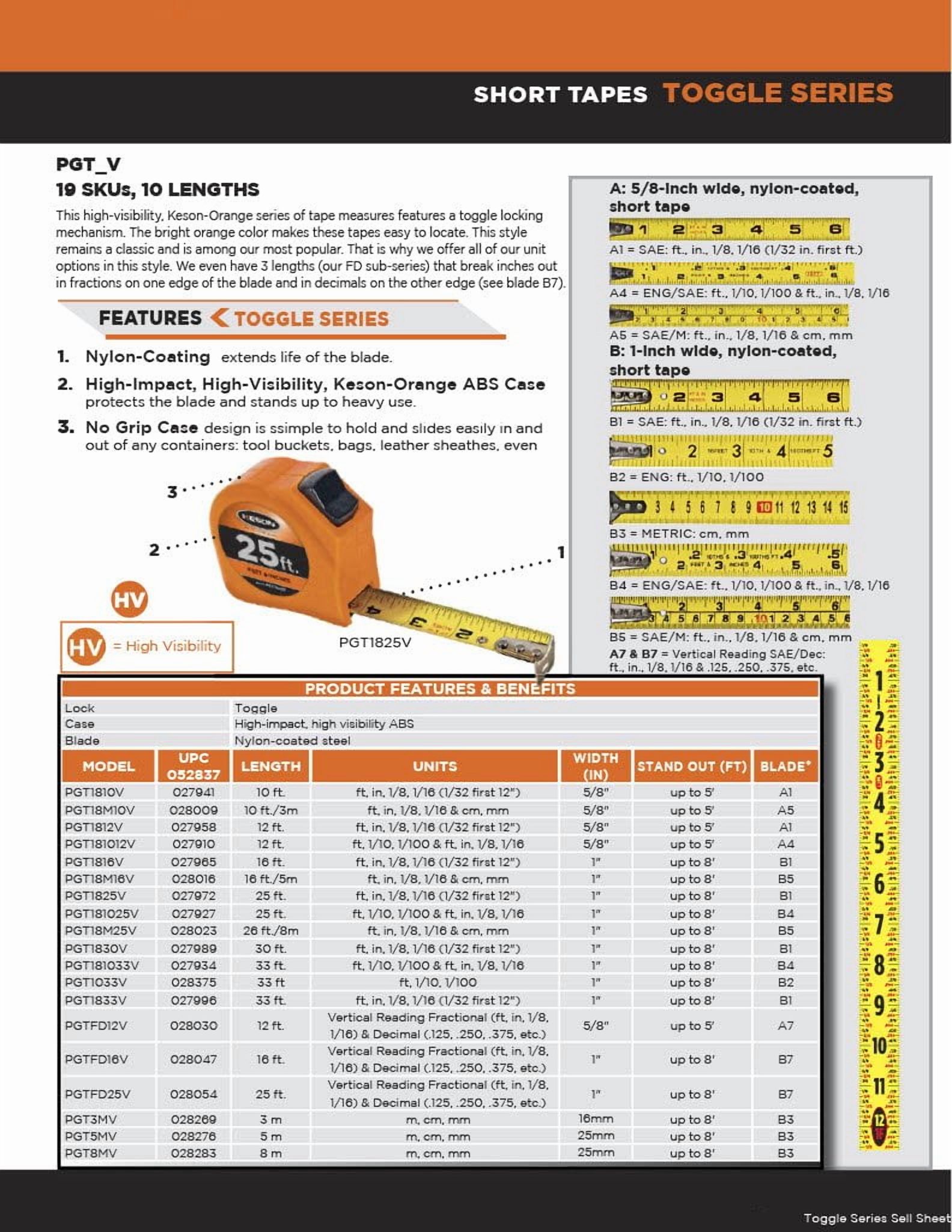 Keson Tape Measure, 1 In x 33 ft, Orange, In./Ft., PGT1833V