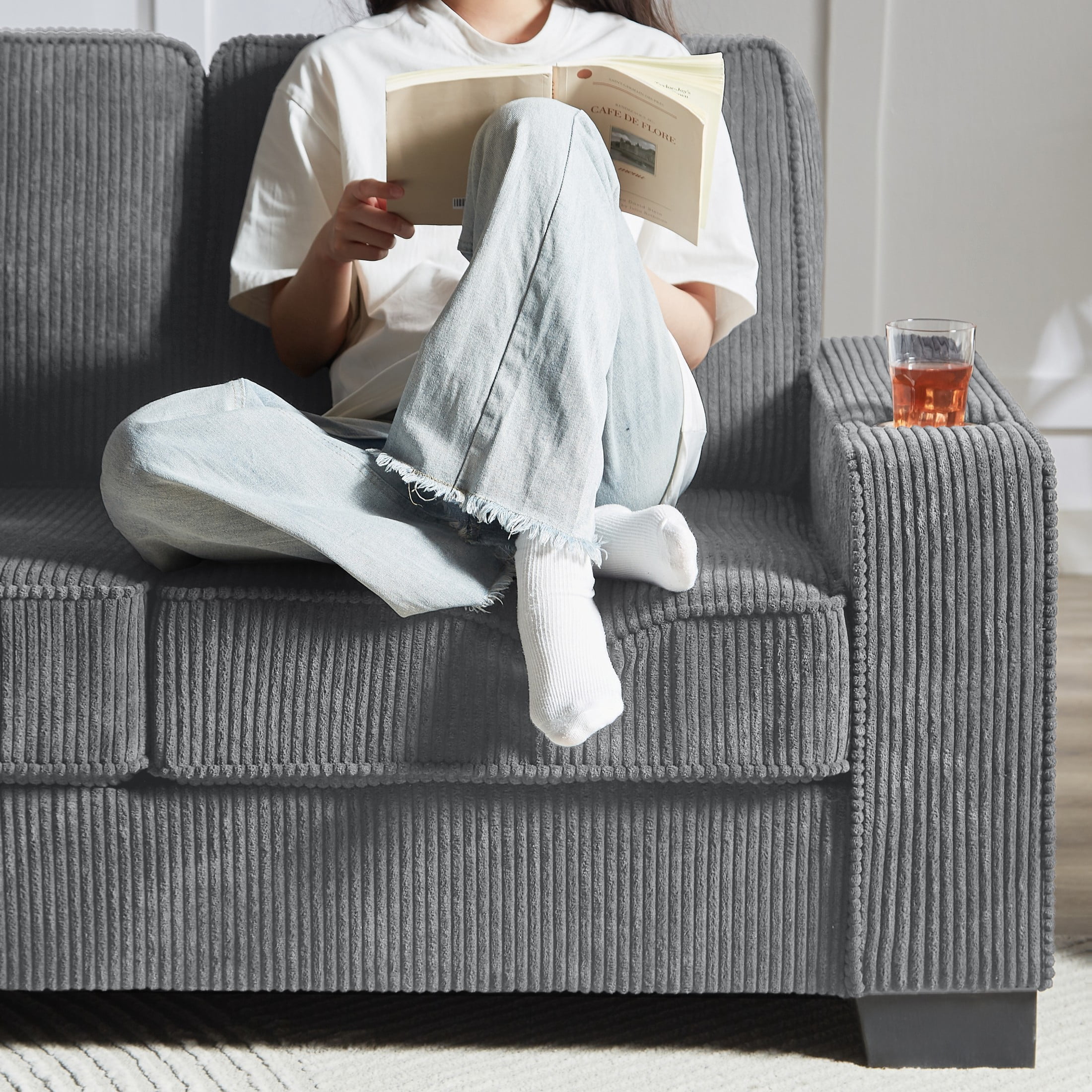 Aukfa 84" Corduroy Sofa with Cup Holders, Modern 3-Seater Couch for Living Room Office, Gray