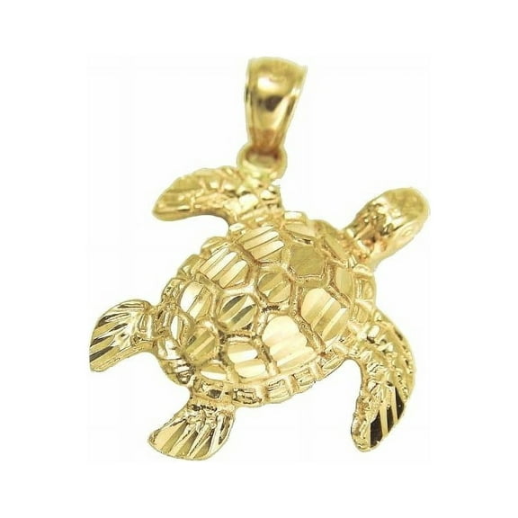 14k Solid yellow gold sparkly diamond cut Hawaiian sea turtle honu pendant