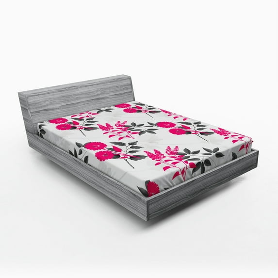 Ambesonne Floral Fitted Sheet, Nostalgic Leaf and Flowers, Queen Size, Magenta Dark Grey White