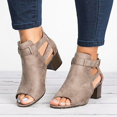 

Women‘s Summer Chunky Heel Sandals Solid Color Ankle Buckle Strap Stacked Heel Shoes Casual Peep Toe Heels