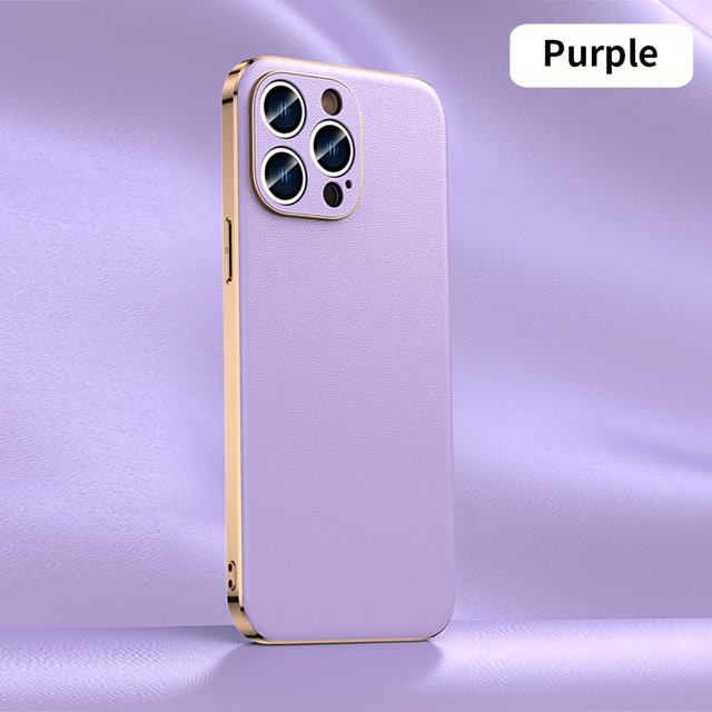 Genuine Cowhide Leather Phone Case for iPhone 16 14 12 13 15 Pro Max 15Pro 14Pro Luxury Plating Full Lens Protection Back Cover Purple(A006) For iPhone 14Pro Max