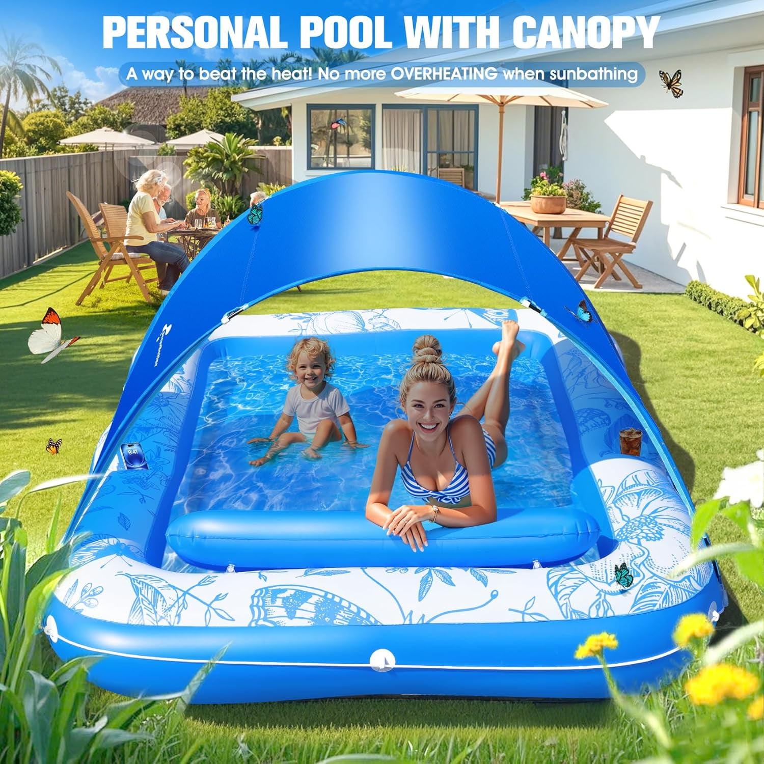 Inflatable Tanning Pool Lounger with Canopy,81"x 60" Large Tanning Floats for Adults,2025 Butterfly Pool Lounger Float,Blow Up Tanning Water Bed with Cup&Phone Holder,Adults Tanning Pools