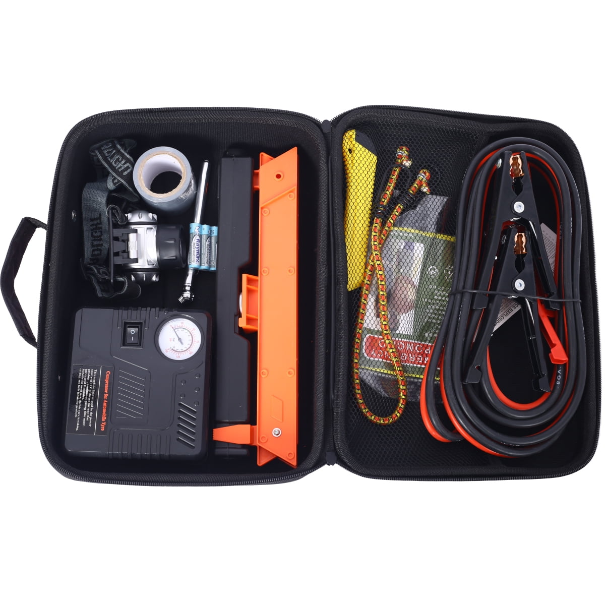 Auto Safety Emergency Kit with Portable Air Compressor, 12Ft 8Gauge Jumper Cables - All-Weather Roadside Assistance for Cars & Trucks