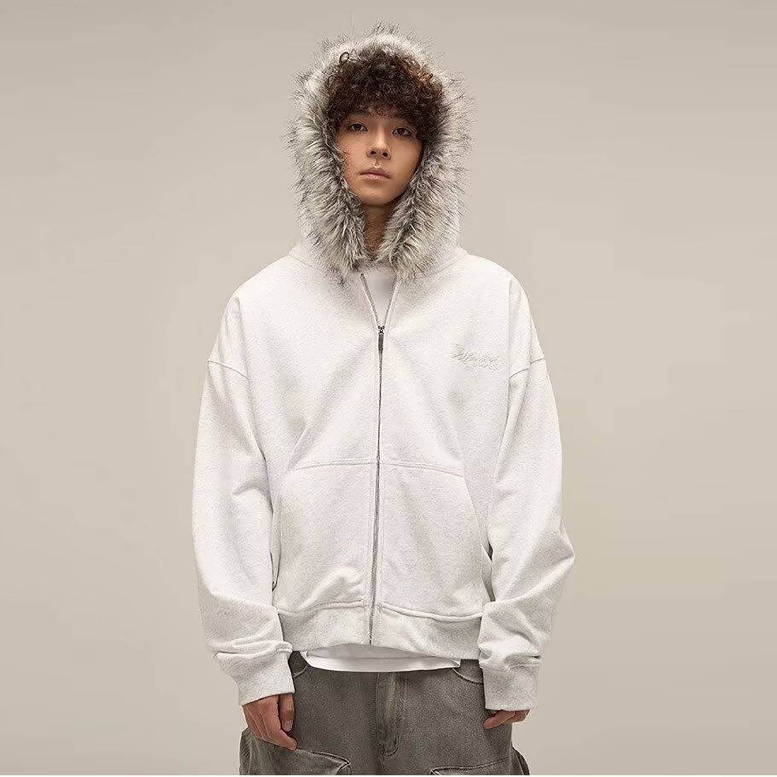 Unisex 2025 Fall Winter Y2k Faux Fur Hood Zip Up Oversized Hoodie