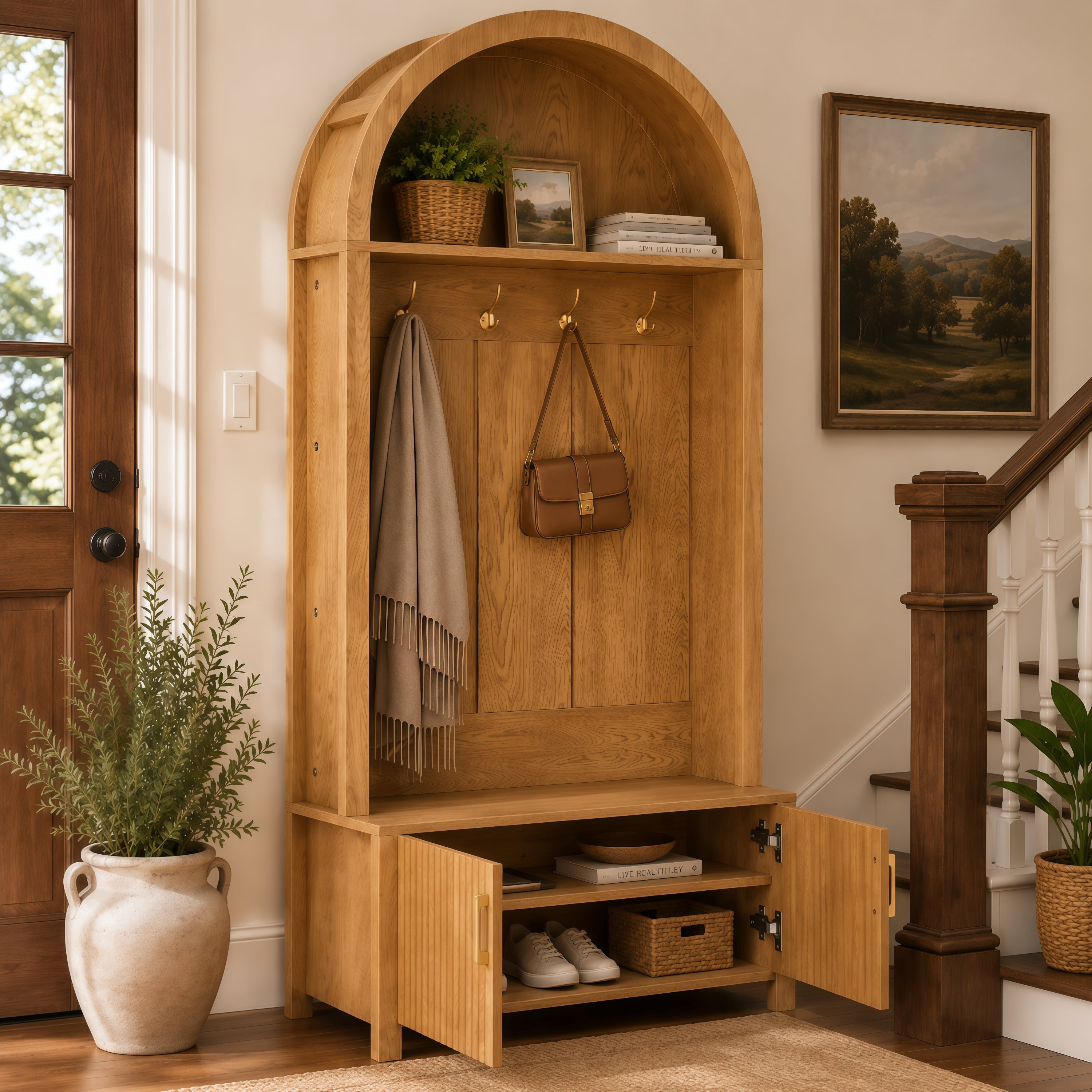 Arched Top Hall Tree with Bench and Shoe Storage,mudroom bench with storage,70.3"Arch Coat Rack with 4 Metal Hooks and 2 Fluted Doors, Organizer for Mudroom, Entryway, Hallway