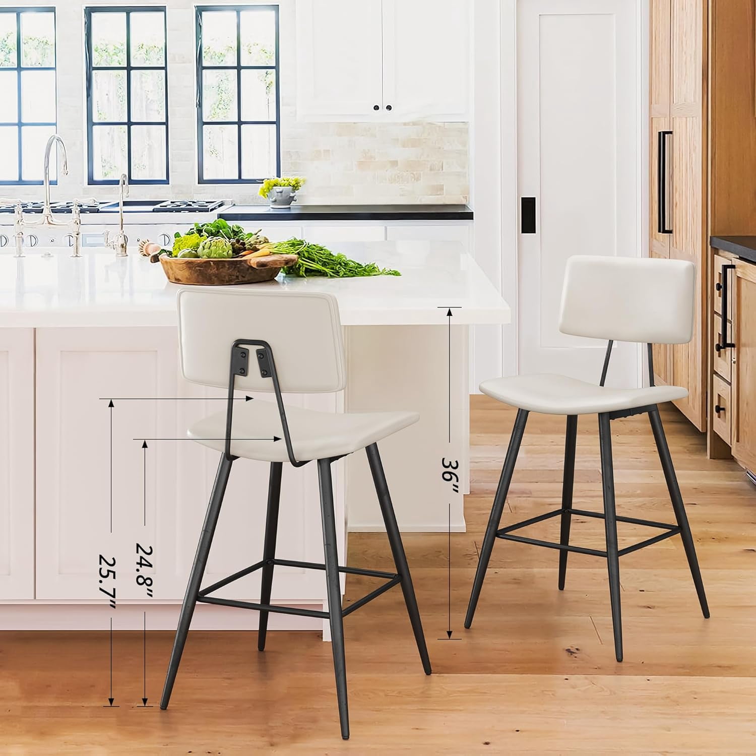 Dycanpo 24.5" Counter Height Bar Stools Set of 4, Faux Leather Upholstered Barstools, White