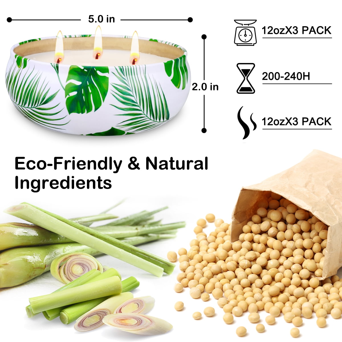 Giphtpoeet Citronella Candles Outdoor 240H Burning Time 3 Wicks Natural Soy Wax Jar Candles 3 Pack Summer