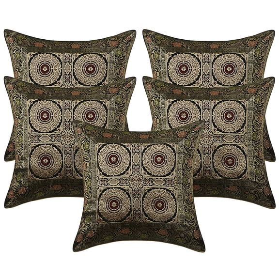 Stylo Culture Indian Couch Throw Pillow Covers 16 x 16 Jacquard Black Square 40 x 40 cm Home Decor Brocade Floral Mandala Zippered Cushion Covers | Set Of 5